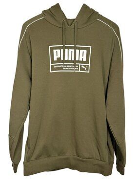 Puma Unity Fleece Hoodie Men’s Large Olive Green Pullover Logo Sweatshirt
